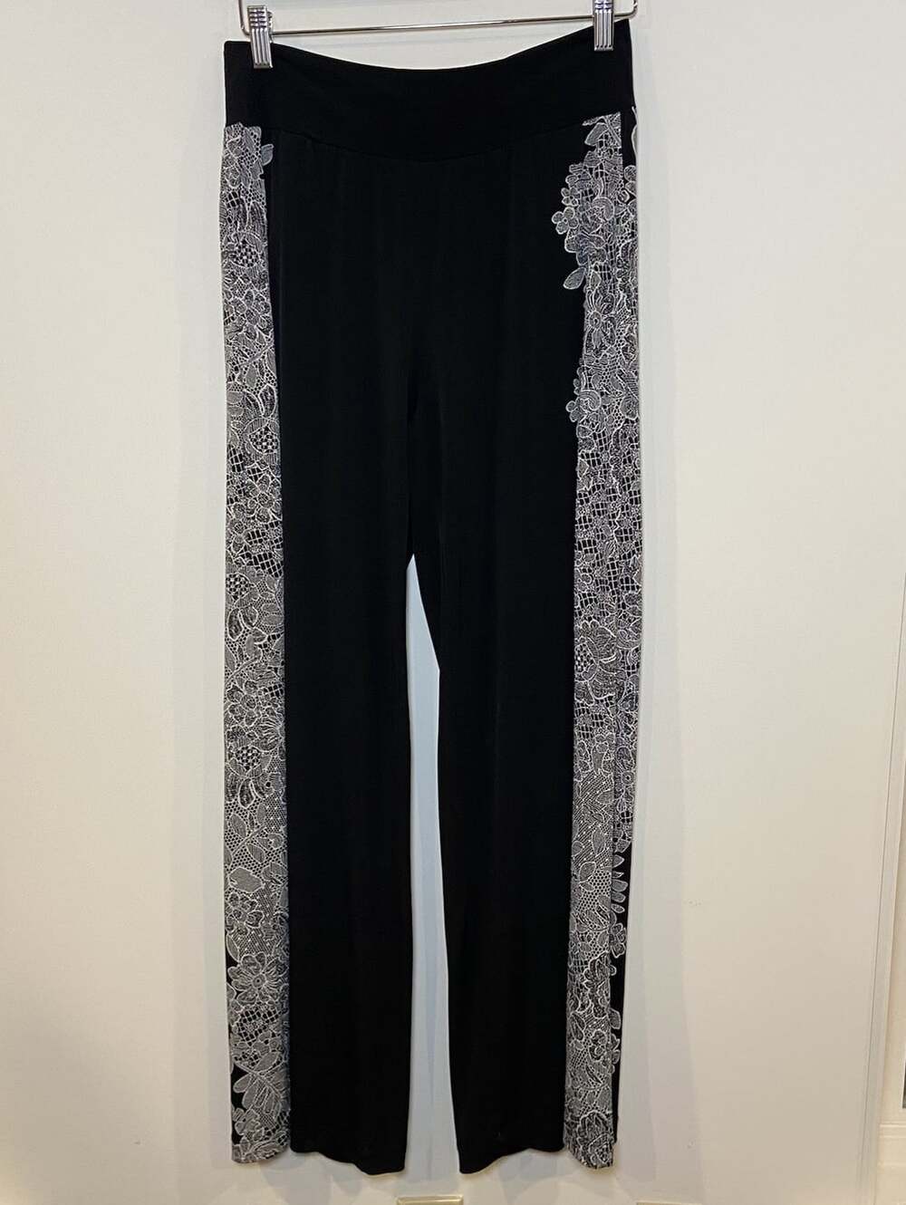 Clara Sun Woo Pants Wide Leg Stretch Pull On Black White Lace Print XL
